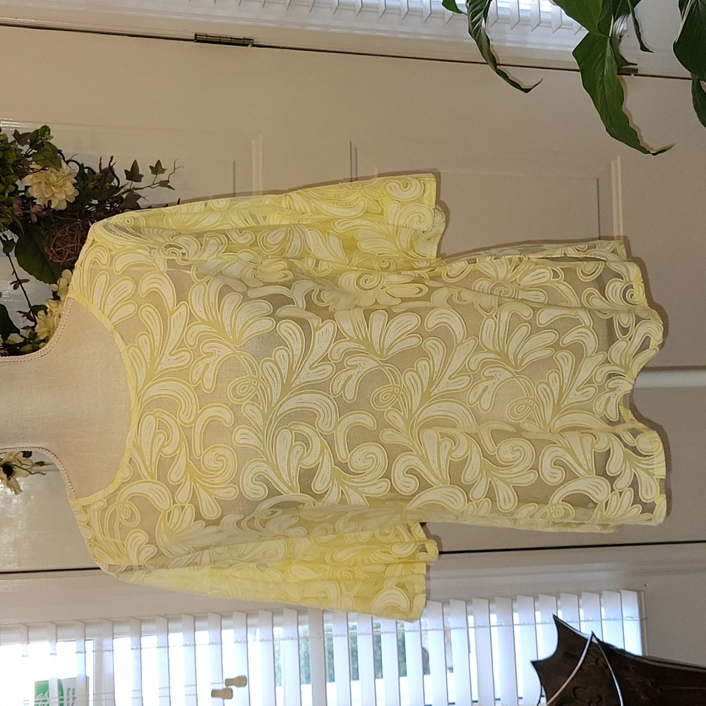 New Directions lemon yellow white scroll leaf semi sheer bell sleeve top…Med New